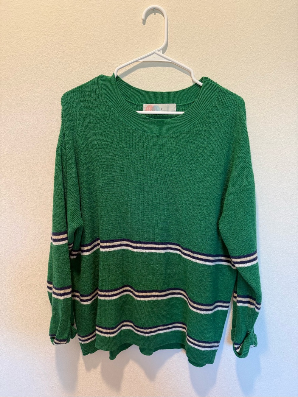 FP Beach Green Striped Crewneck Sweater with Navy & White Bands